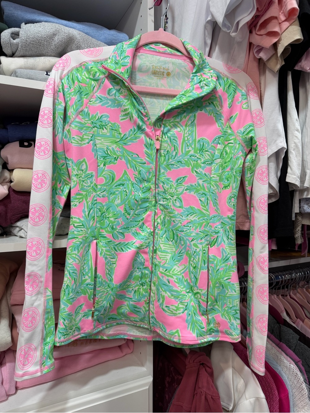 Lilly Pulitzer Pink & Green Palm-Print Zip Jacket with White Sleeve Accents